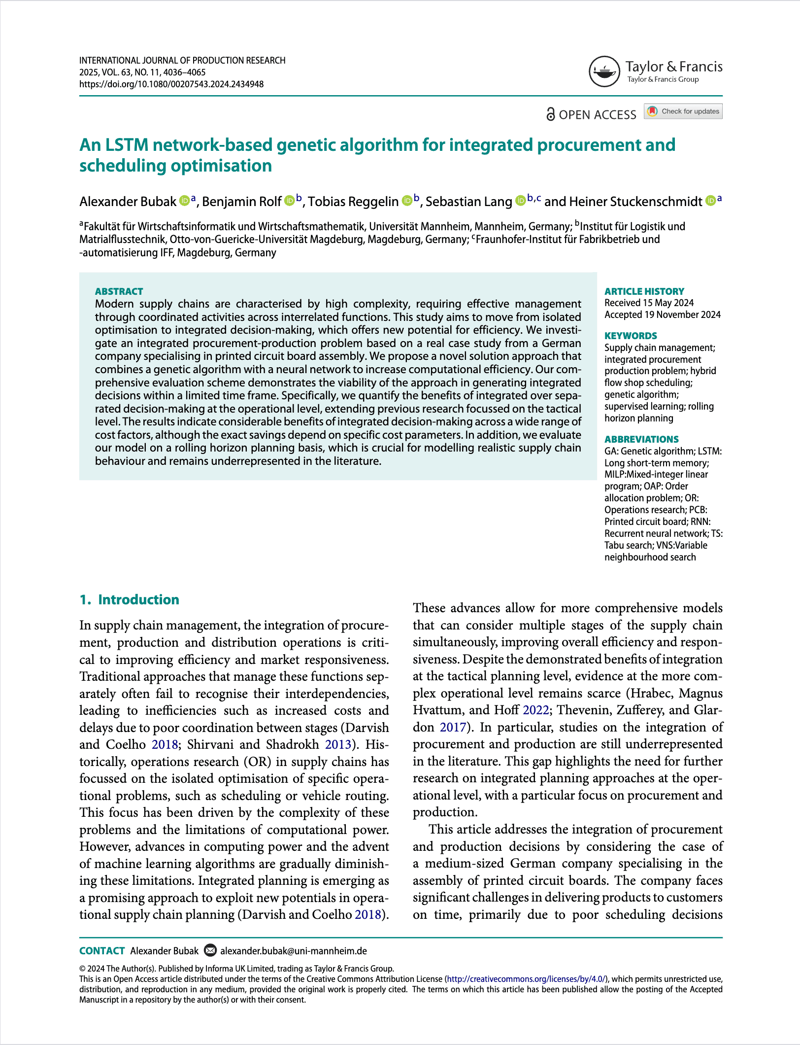 First page of the open-access article "An LSTM network-based genetic algorithm for integrated procurement and scheduling optimisation" in the International Journal of Production Research